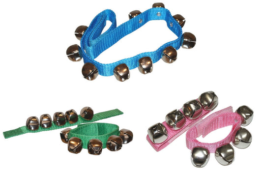 A set of five bell straps for the waist, ankles, and wrists in blue, green, and pink respectively.