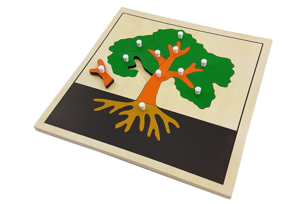 Tree puzzle with pieces representing the leaves, branches, and roots. Puzzle has a thin black border.
