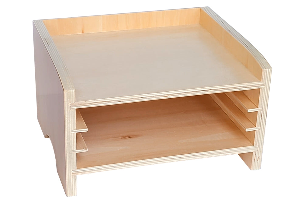 Wooden cabinet for three puzzles. A fourth puzzle can be put on top of the cabinet for display.