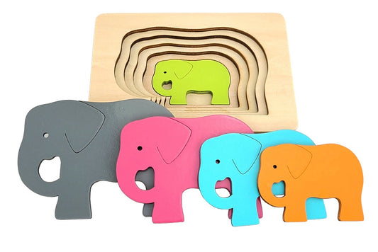 Five-layered elephant puzzle. Each layer is a progressively larger elephant in different colours: green, orange, blue, pink, and finally, grey.