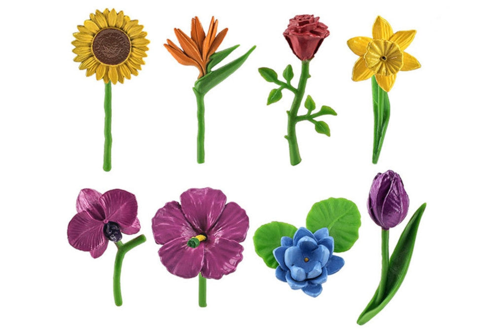 8 plastic flower models: sunflower, bird of paradise, rose, daffodil, orchid, hibiscus, lotus and tulip.