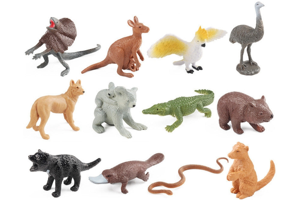 12 Australian animal models: koala, platypus, kangaroo, Tasmanian devil, crocodile, emu, dingo, frilled-neck lizard, wombat, tree kangaroo, sulphur-crested cockatoo and Australian copperhead.