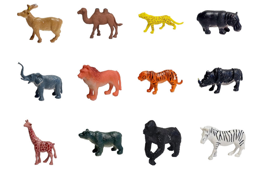 12 wild animal models: zebra, bear, cheetah, elephant, hippopotamus, camel, tiger, rhinoceros, gorilla, giraffe, lion, and antelope.