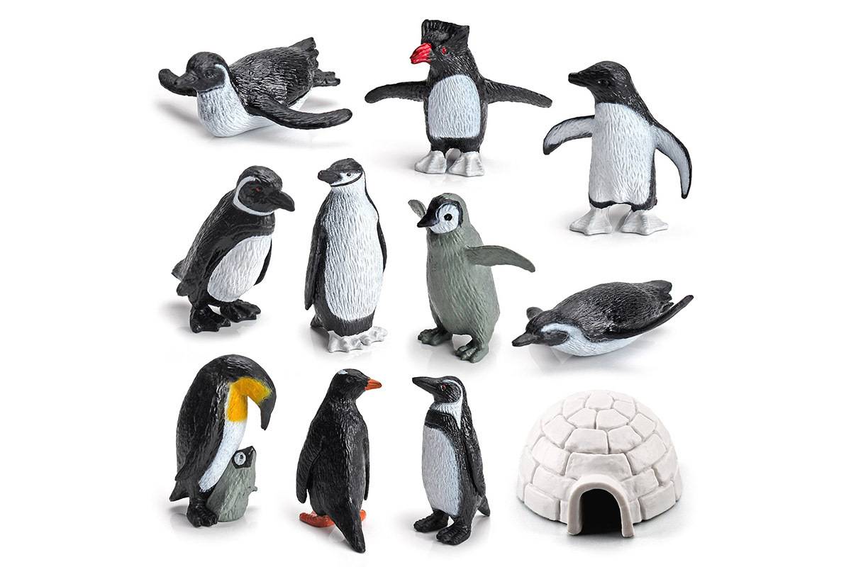 10 penguin models and an igloo.