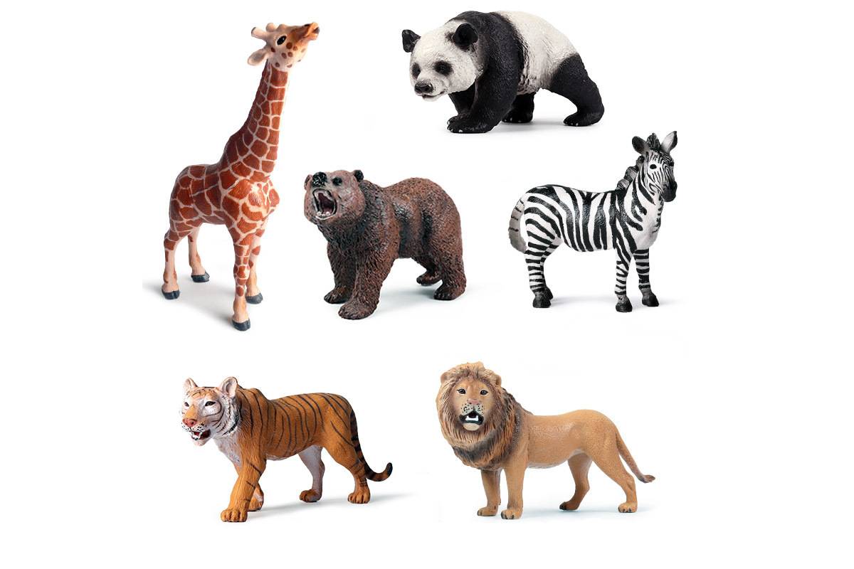 Six wild animal models: giraffe, panda, grizzly bear, zebra, tiger, and lion.