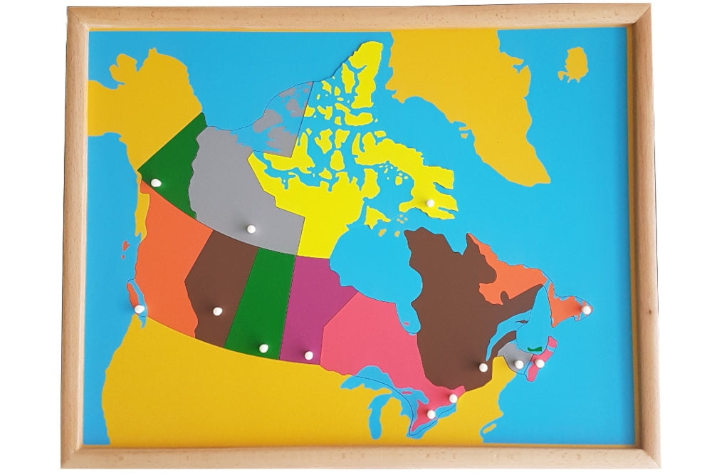 Puzzle map with pieces representing the provinces and territories of Canada in different colours. Each puzzle piece's knob is positioned at its respective capital. The puzzle has a wooden frame.