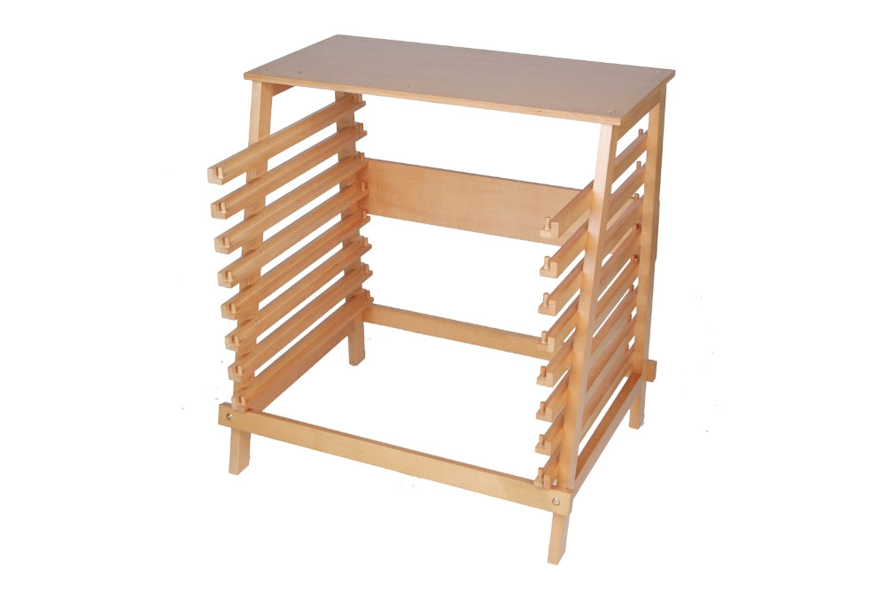 A wooden stand for puzzle maps. Stand has eight shelves for maps and an additional top shelf for globes.