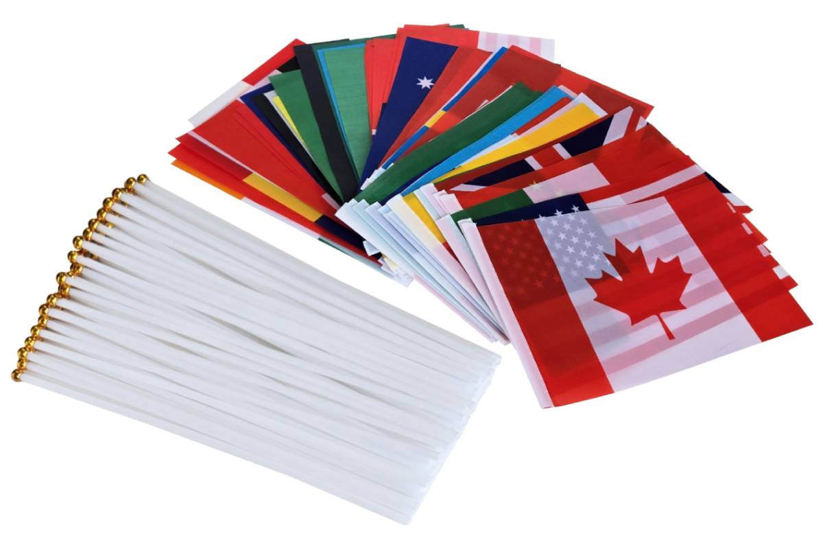 50 flags of countries from around the world with 50 plastic flagpoles. The flags of Canada, USA, and Mexico are on top.