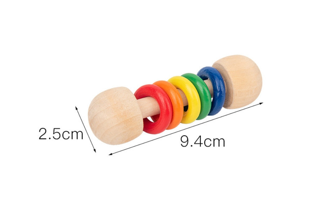 Rattle with five rings in red, orange, yellow, green, and blue. Measures 9.4 cm x 2.5 cm.