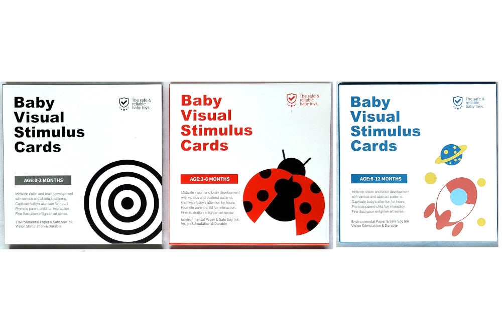 Three sets of baby visual stimulus cards for ages 0-3 months, 3-6 months, and 6-12 months.