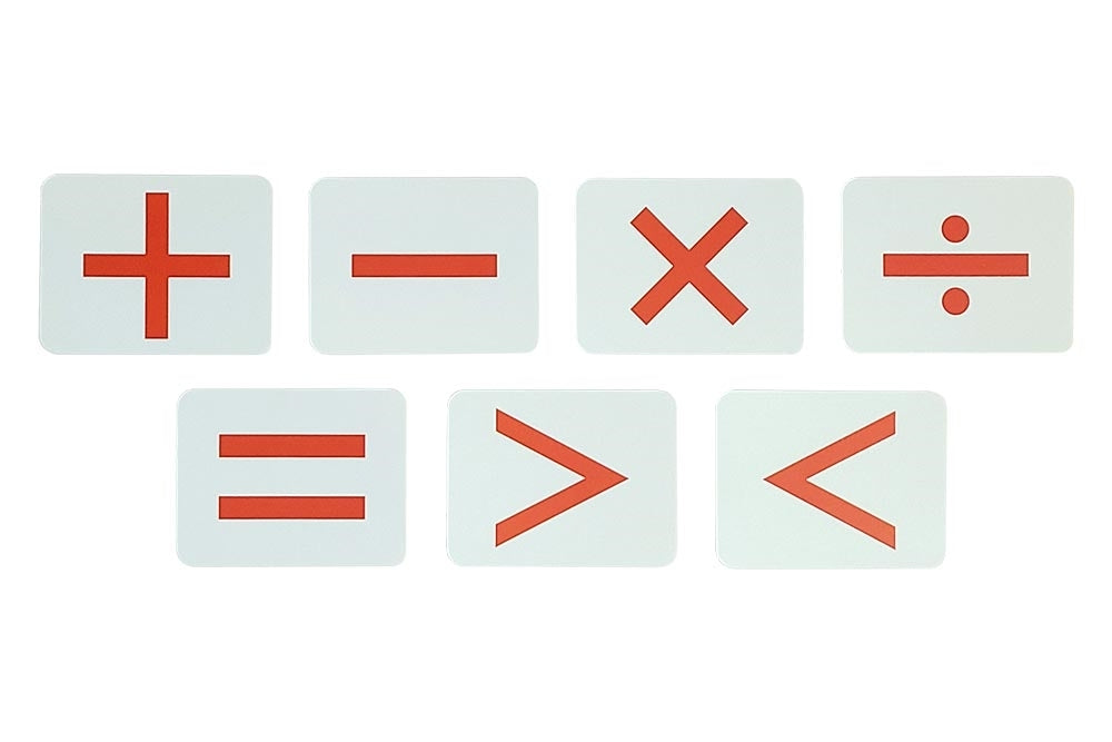 7 operation symbol cards: +, −, ×, ÷, <, >, =.