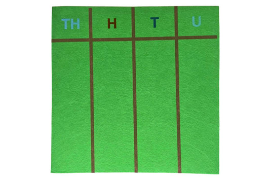 Green felt mat with four columns: TH, H, T, and U. The columns represent the place values from thousands to units.