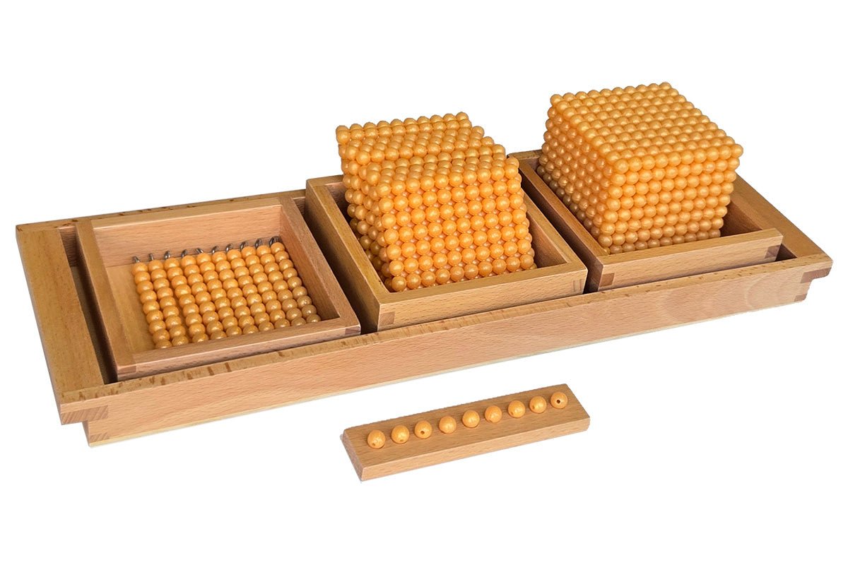 Wooden tray containing three boxes holding a thousand cube, 9 hundred squares, and 9 ten bars. Also includes a small rectangular tray with 9 unit beads. C beads.