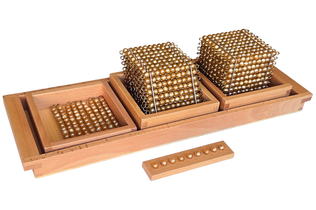 Wooden tray containing three boxes holding a thousand cube, 9 hundred squares, and 9 ten bars. Also includes a small rectangular tray with 9 unit beads. N beads.