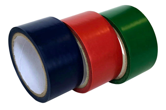 Three rolls of floor tape, in blue, red, and green.