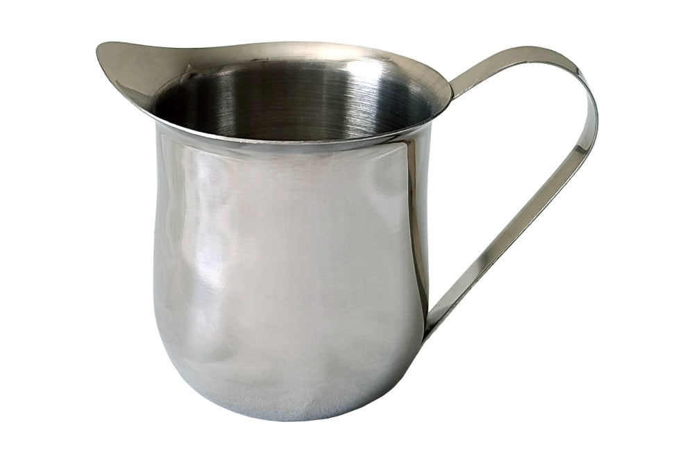 5 fl oz stainless steel milk pitcher with spout and handle.