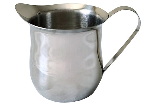 7 fl oz stainless steel milk pitcher with spout and handle.