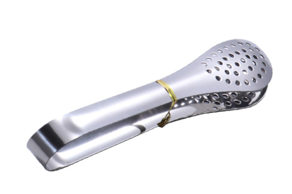 A pair of perforated stainless steel food tongs.