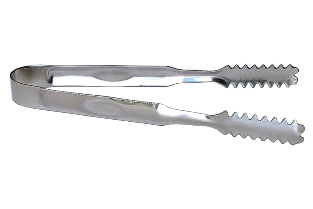 A pair of serrated stainless steel ice tongs.