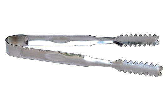 A pair of serrated stainless steel ice tongs.