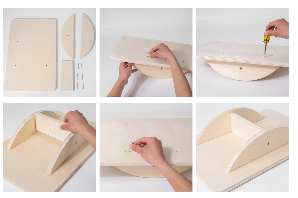 Balance board assembly: pieces are screwed together such that the two curved pieces extend out along the long sides of the board with a smaller rectangular piece between them for support.