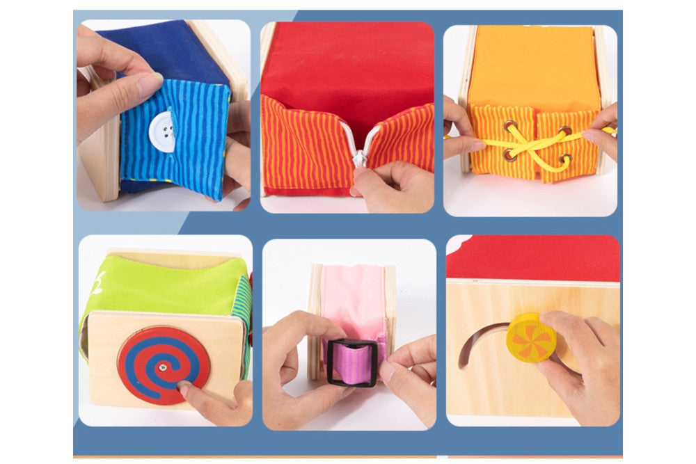 Close-up of activities: button, zipper, laces, buckle, and more.