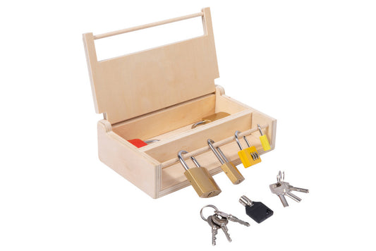 6 locks with wooden box. Box has a pair of rods which can be used to lock the lid shut.