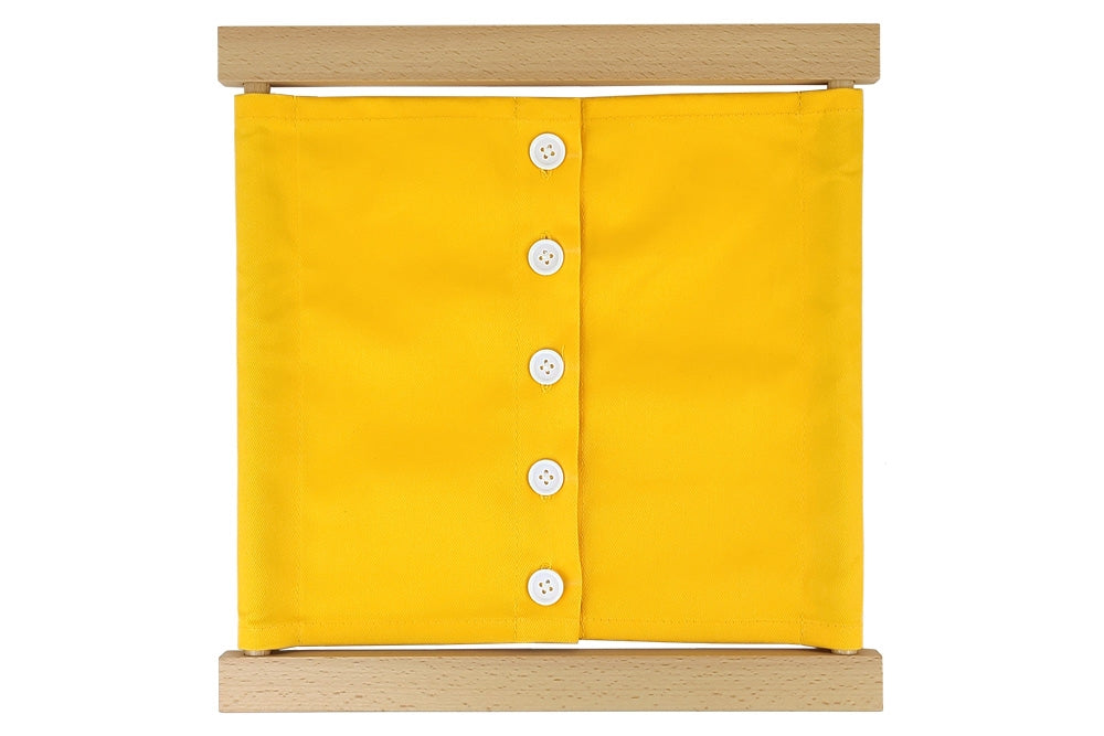 Wooden small-buttons dressing frame with yellow fabric and white buttons.