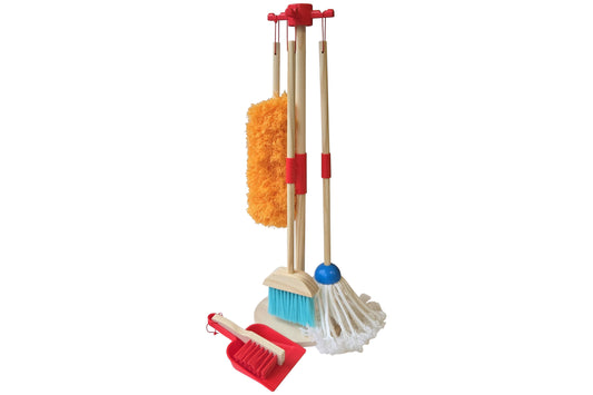 Four-pronged stand with broom, mop, duster, brush, and dustpan.
