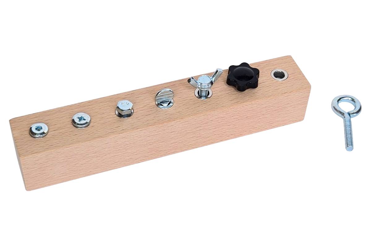 Wooden block with seven different bolts and nuts. Includes a screwdriver, hex key, and wrench.