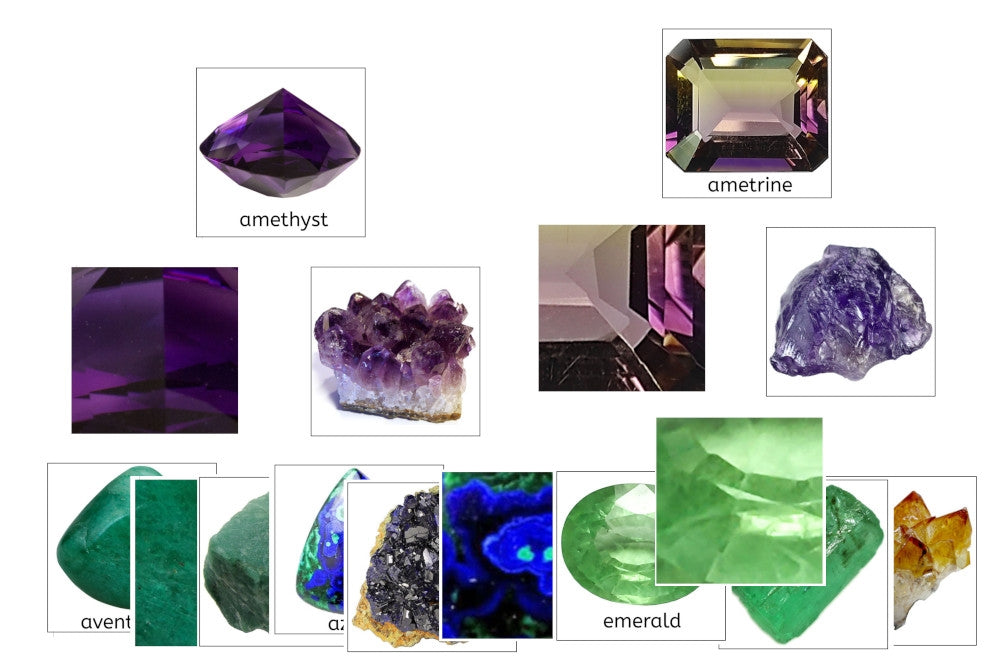 Gemstone matching cards. Cards are unlabeled full photos, unlabeled close-ups, or labeled full photos. Gemstones include amethyst, ametrine, emerald, aventurine, and more.