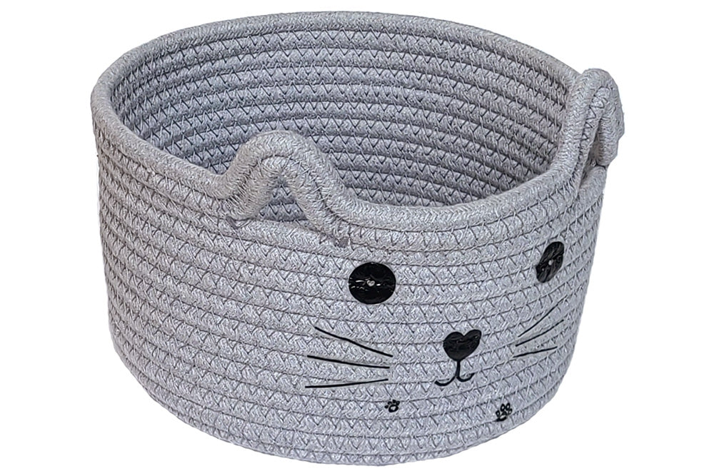 Grey cotton rope basket with a cat face and ears on the front.