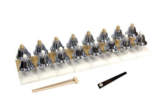 Two sets of eight steel bells on wooden bases, one set in natural wood and the other pained white, with a wooden mallet and a damper.
