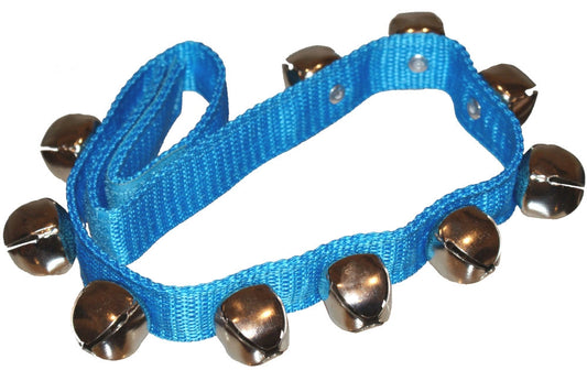 A blue bell strap for the waist. The strap has ten bells.