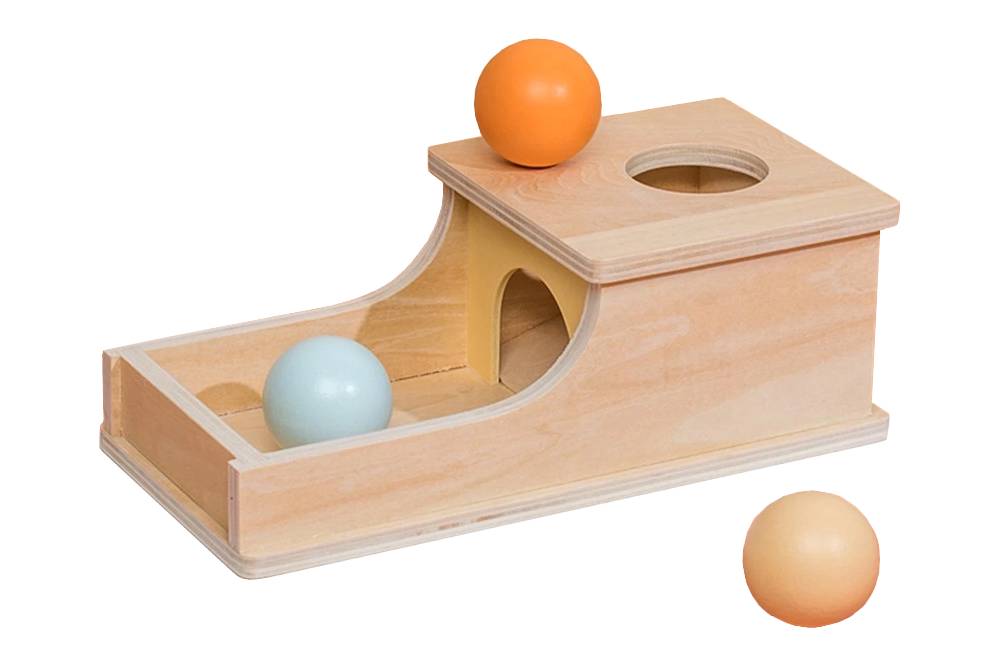 Object permanence box with tray. Natural wood with ball.