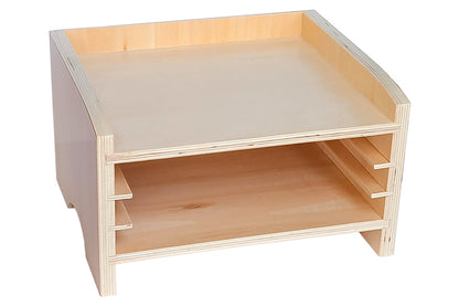 Wooden cabinet for three puzzles. A fourth puzzle can be put on top of the cabinet for display.