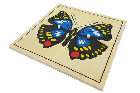 Butterfly puzzle with pieces representing the body and wings. Puzzle has a thin black border.