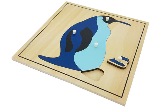 Penguin puzzle with pieces representing the head, back, belly, and feet. Puzzle has a thin black border.
