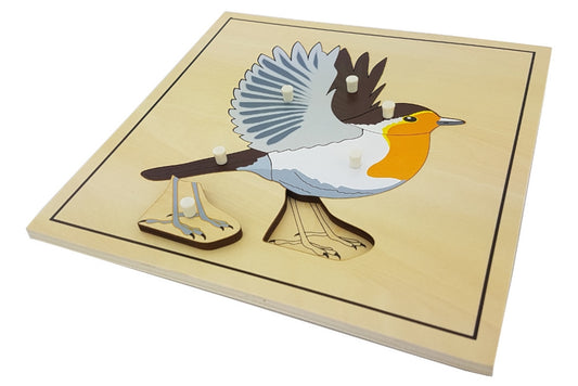 Wooden puzzle with pieces representing the parts of a bird. The feet are removed to reveal the skeleton beneath.