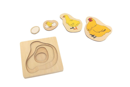 Chicken life cycle puzzle with four stacking layers. The life cycle starts at the smallest, deepest layer and concludes at the topmost layer which depicts a fully grown hen.