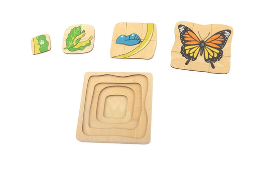Butterfly life cycle puzzle with four stacking layers. The life cycle starts at the smallest, deepest layer and concludes at the topmost layer which depicts a fully grown butterfly.