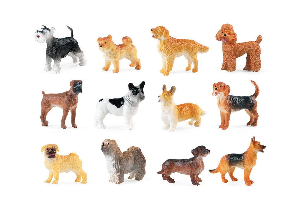 12 dog models: schnauzer, Shiba Inu, golden retriever, poodle, boxer, bulldog, corgi, beagle, Shar Pei, Old English Sheepdog, dachshund, and German shepherd.