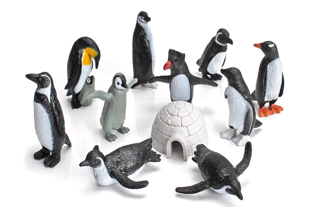 10 penguin models and an igloo.