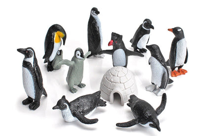 10 penguin models and an igloo.