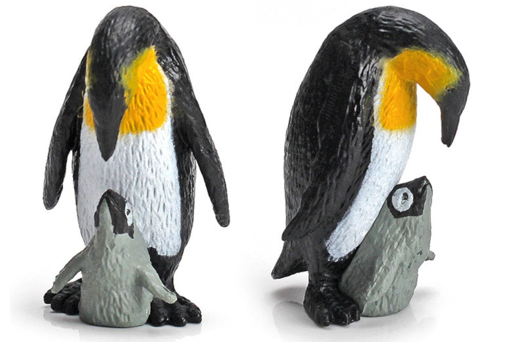 An emperor penguin and its chick, tucked between its legs for warmth.