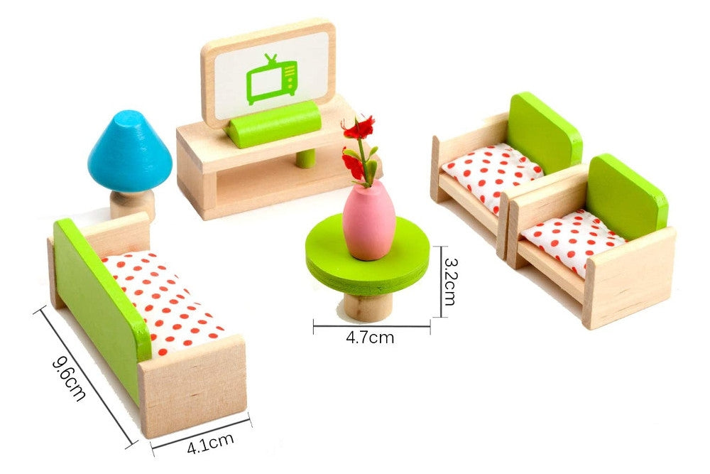 Green Living Room Set, 3 Dolls & PDF Language Exercise Cards