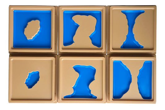 6 land and water form trays: lake, island, gulf, peninsula, strait, and isthmus.