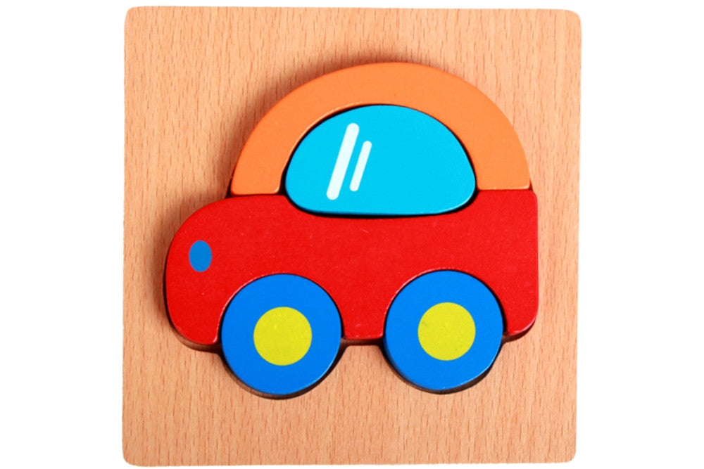 Colourful car puzzle on a wooden base.