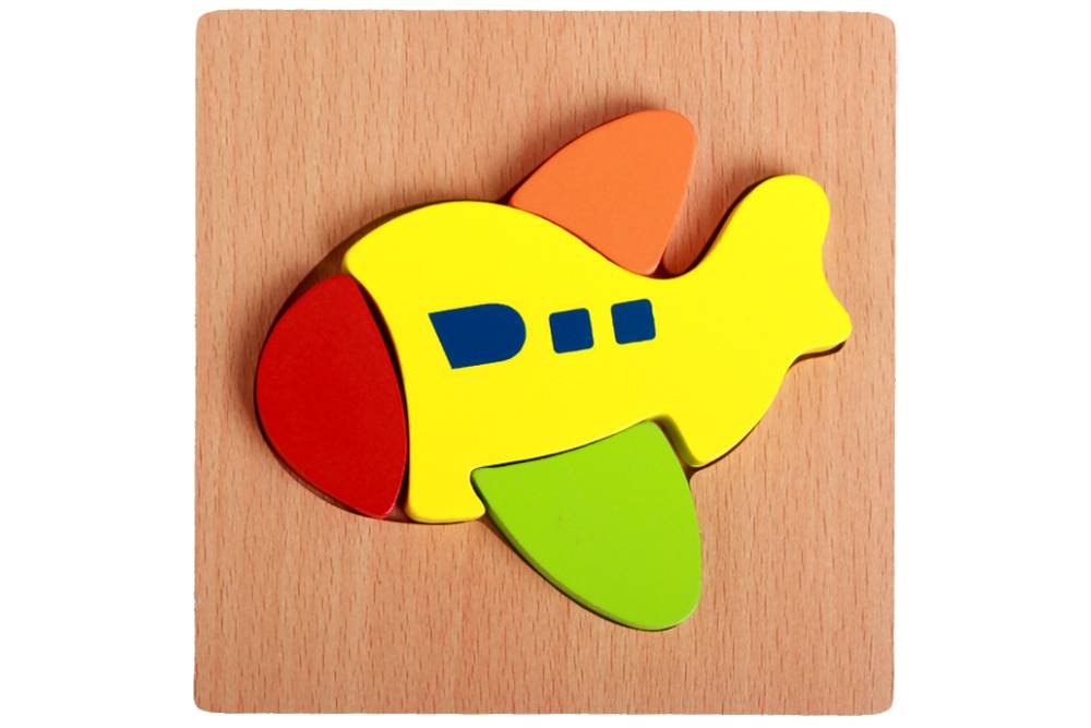 Colourful airplane puzzle on a wooden base.