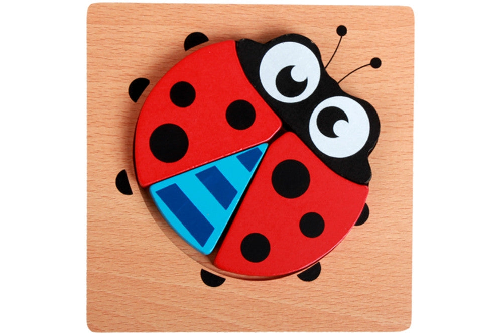 Colourful ladybug puzzle on a wooden base.